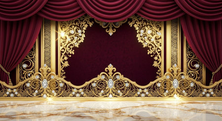 Valentine's day background with red velvet curtain and gold ornamentsの素材