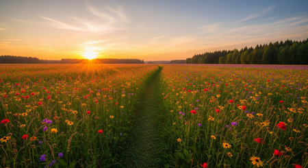 Sunset or sunrise over a field with wildflowers in summerの素材