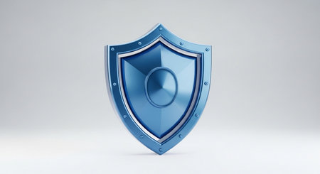 Blue Shield Icon on White Background. 3D Render Illustration.の素材