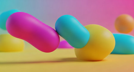 3d render of colorful plastic balls on yellow and blue background.の素材