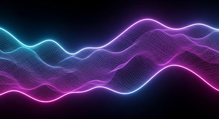 Abstract 3d rendering of purple and blue sound waves on dark backgroundの素材