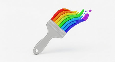 3d rendering of paint brush with rainbow colors isolated on white backgroundの素材