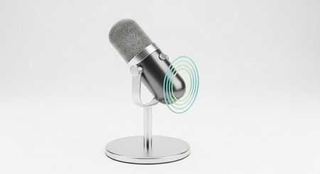 3d rendering of a microphone on a stand with white background.の素材