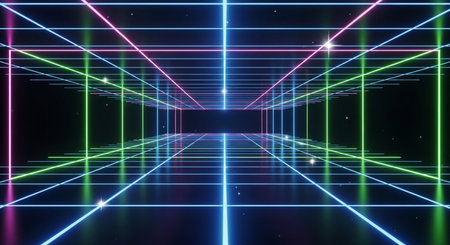 3D abstract background with neon lights. neon tunnel.space construction..3d illustrationの素材