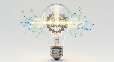 Glass lightbulb with social connection lines on white background. 3D renderingの素材