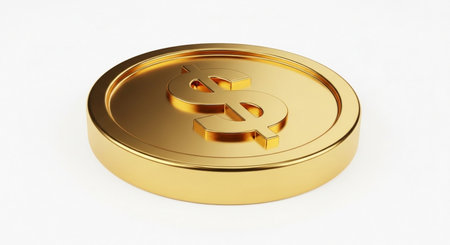 Golden coin with dollar sign isolated on white background. 3d renderの素材