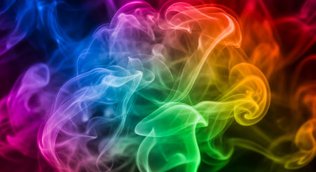 Abstract multicolored smoke from the incense sticks on a black backgroundの素材