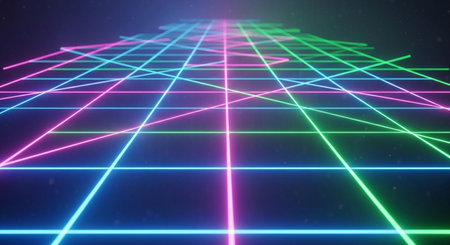 3d render, abstract geometric background with neon lines, grid, grid, latticeの素材