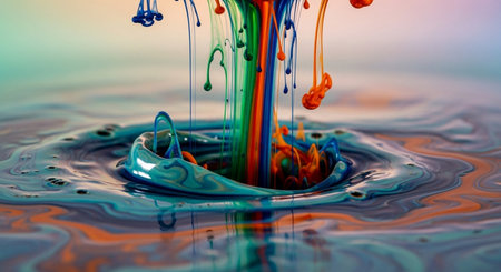 Falling drops of water. Splash effect after collision a falling drops with water Surfaceの素材