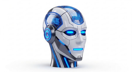 Robot head with headphones on white background. 3D rendering.の素材