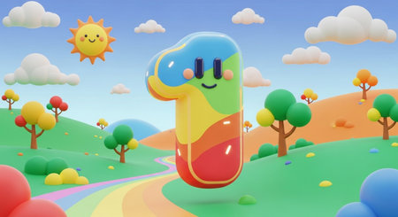 3d rendering of a cute cartoon character in the summer landscape.の素材