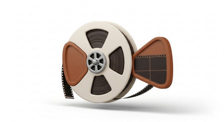 3d illustration of old reel of film over white background with shadowの素材