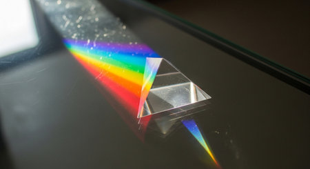 A closeup shot of a crystal on a glass surface with a rainbowの素材