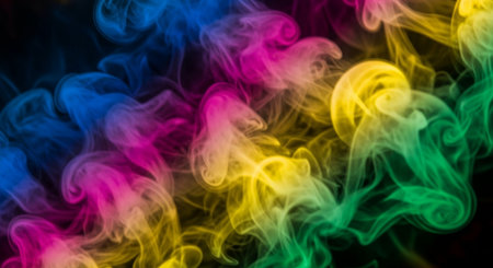 Colorful rainbow smoke isolated on black background. Abstract background for design.の素材