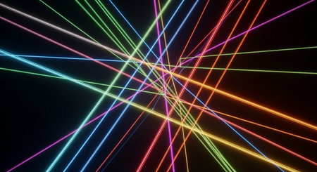 3d illustration of abstract geometric background with neon lines. Laser beams in space.の素材