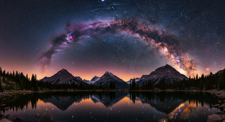 Milky Way over lake in the Canadian Rockies, Alberta, Canadaの素材