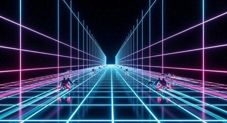 3D abstract background with neon lights. neon tunnel.space construction..3d illustrationの素材