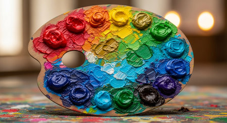 Palette of acrylic paints on a wooden palette. Selective focus.の素材