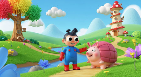 piggy bank on the meadow and a boy in a red raincoatの素材