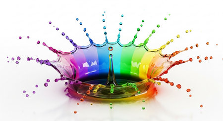 Colorful drops of water. Splash effect after collision a falling drops with water Surfaceの素材