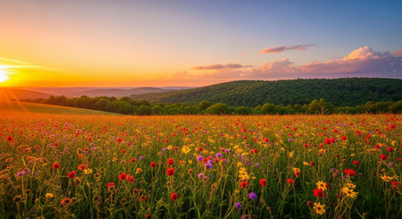 Sunset over a meadow with colorful wildflowers in summerの素材