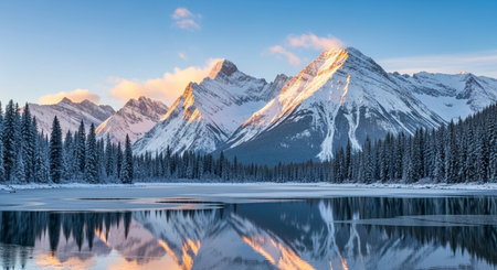 Sunset in Banff National Park, Alberta, Canada in winterの素材
