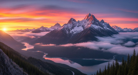 Sunset over Lake Louise in Banff National Park, Alberta, Canadaの素材