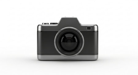 Black digital camera isolated on white background. 3d render illustration.の素材