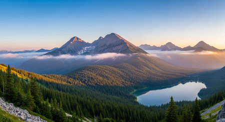 Mountain lake at sunrise in the Canadian Rockies, Alberta, Canadaの素材