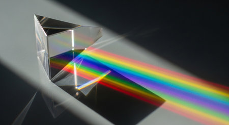 Transparent crystal on a black background with a rainbow. Close-up.の素材