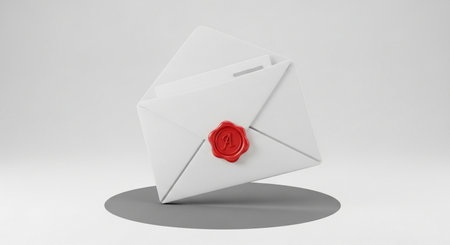 Envelope with red wax seal on white background. 3D renderingの素材