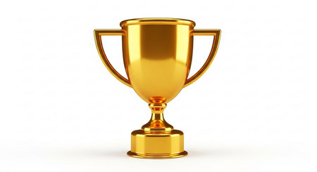 Golden trophy cup isolated on white background. 3d render illustration.の素材