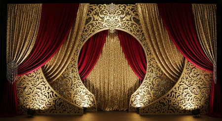 Theater stage with red curtains and lighting. 3d rendering.の素材