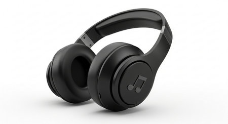 3d rendering of black headphones with music note in isolated white backgroundの素材
