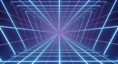 3D abstract background with neon lights. neon tunnel.space construction. 3d illustrationの素材