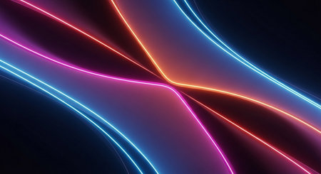 Neon abstract lines on a black background. 3d rendering.の素材