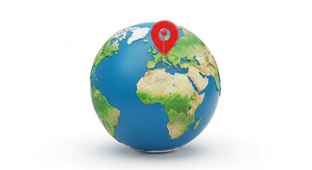Earth globe with red pin on white background. 3D illustration.の素材