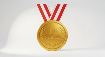 Gold medal with red ribbon on white background. 3D rendering.の素材