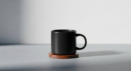 Black coffee cup on a wooden stand against a white wall. 3d renderingの素材