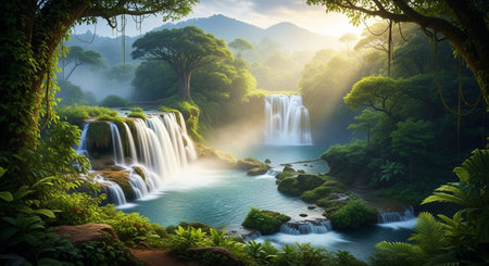 Panoramic view of beautiful waterfall in tropical rainforest at sunsetの素材