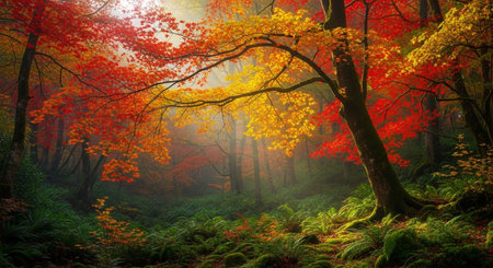 Beautiful autumn forest with red and orange leaves in the morning.の素材