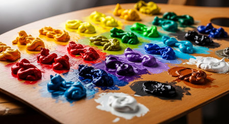 Rainbow paint splashes on wooden table. Close-up.の素材