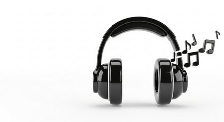 3d rendering of black headphones on white background. Music concept.の素材