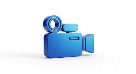 3d rendering of a blue video camera isolated in white studio backgroundの素材