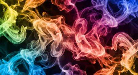 Abstract multicolored smoke from the incense sticks on a black backgroundの素材
