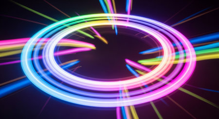 Neon circles background. Light effects. Glowing spiral lines.の素材