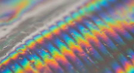 microscopic view of refracted light through glass with rainbow colorsの素材