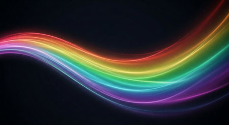 Glowing rainbow lines on black background. 3d rendering, 3d illustration.の素材