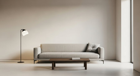 Interior of modern living room with sofa, lamp and concrete floor. 3d renderの素材