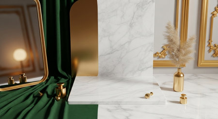 3d rendering of luxury podium with green fabric and gold pedestal.の素材